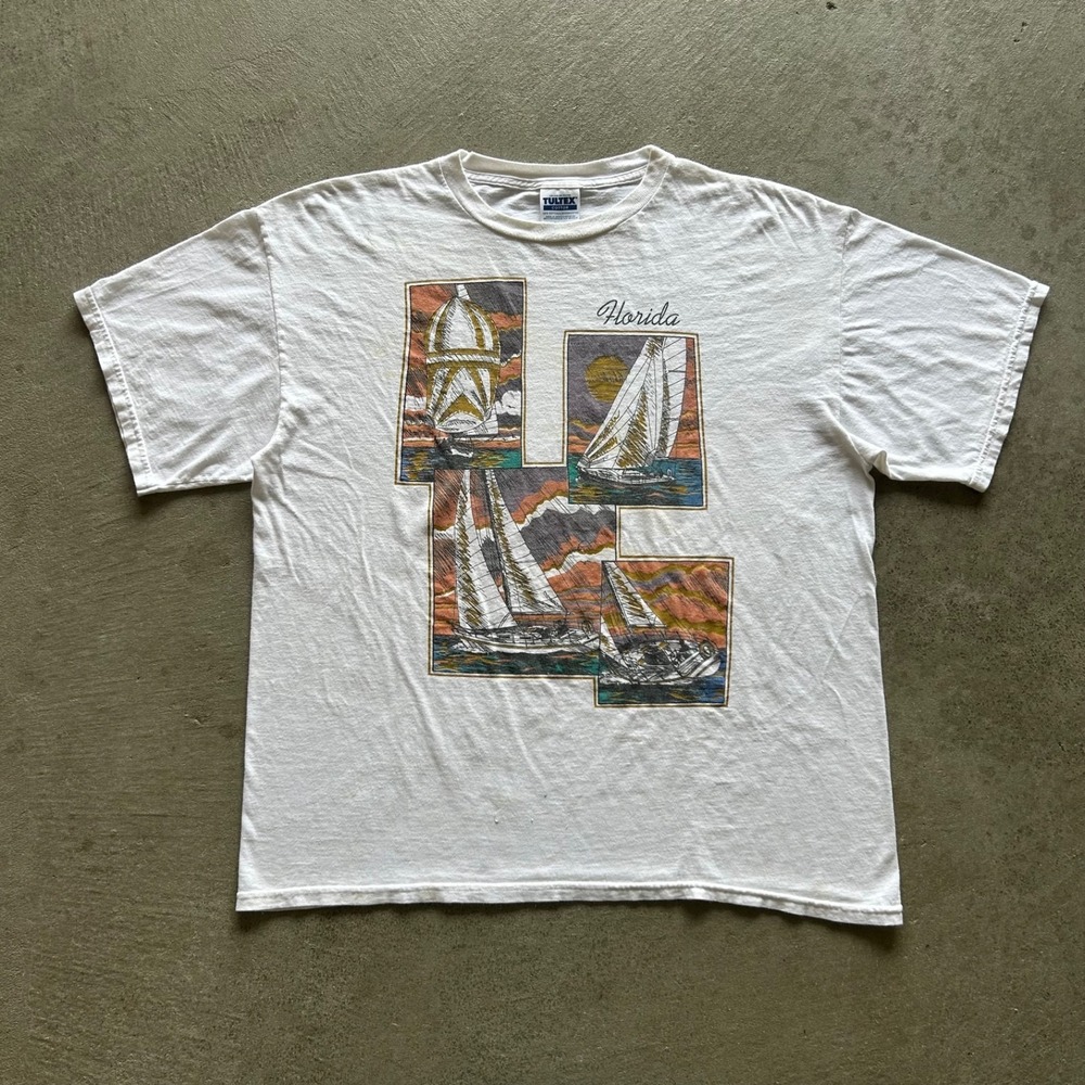 Vintage 90s Florida Sailboat Shirt Size XL White Nature Boat Sunset